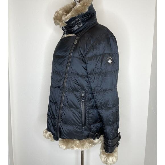 Alp N Rock Duck Down Puffer Coat Faux Fur Womens Large Black Long Buckles Jacket - Picture 6 of 13